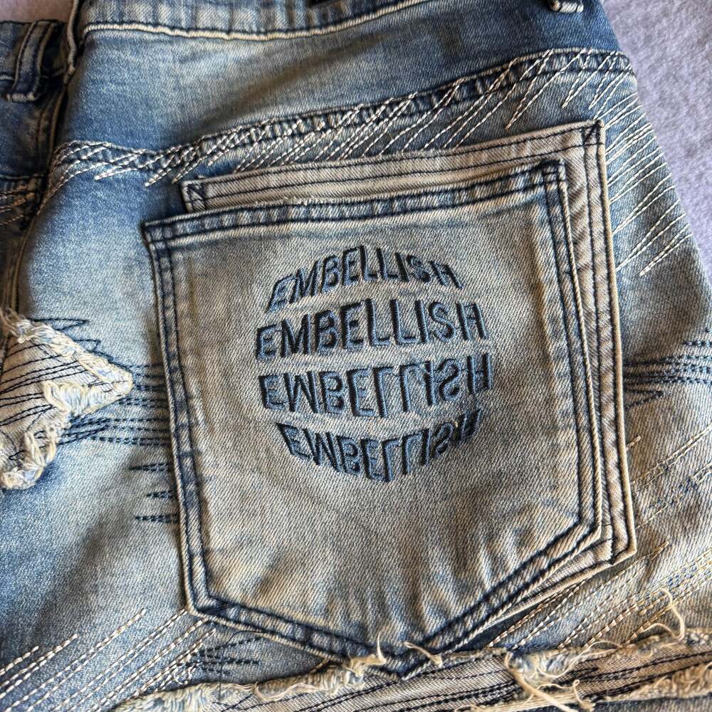 Men’s Embellish Hunter Denim Distressed Embroidered Desert Wash Jeans